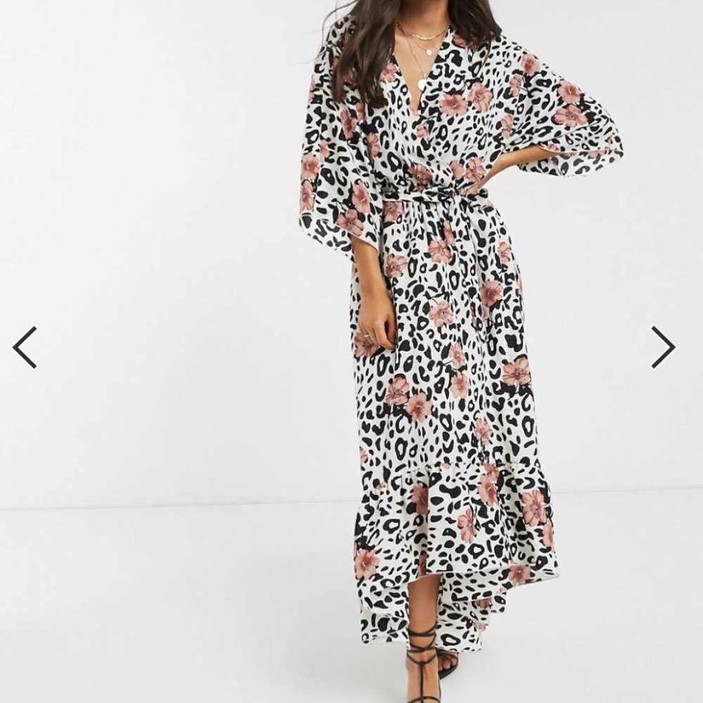 Sz 12 Leopard Print Floral Wrap Maxi Dress
